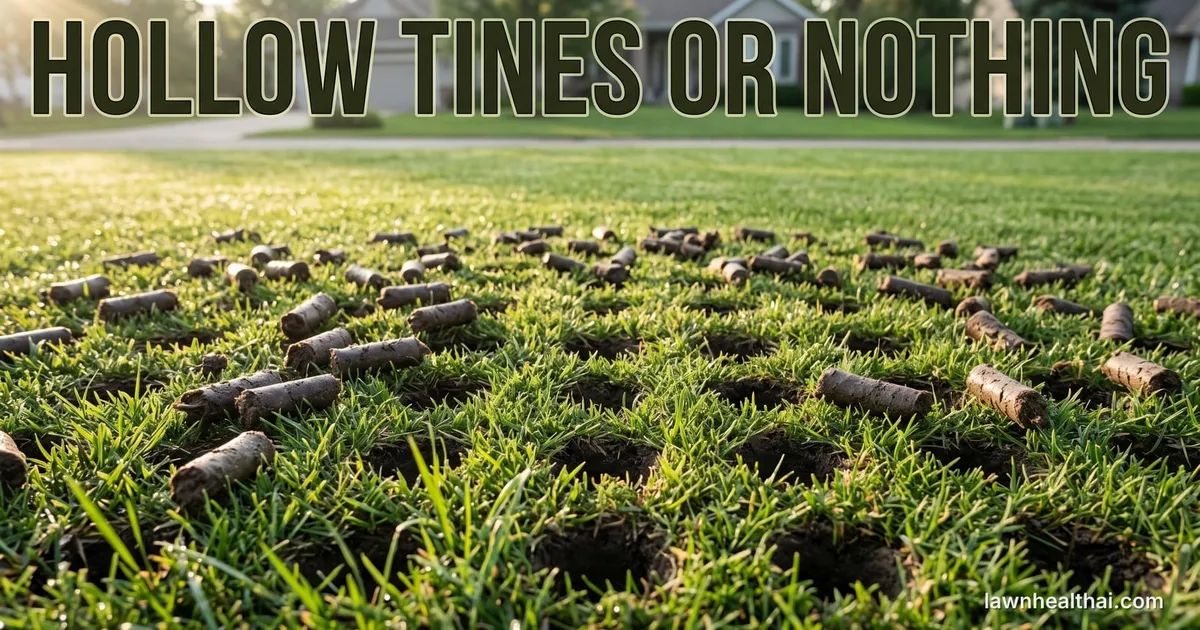 Soil plugs pulled from a lawn lying scattered on the grass surface after core aeration, with the round holes they came from visible beneath, and the words “Hollow Tines Or Nothing” set across the top of the frame