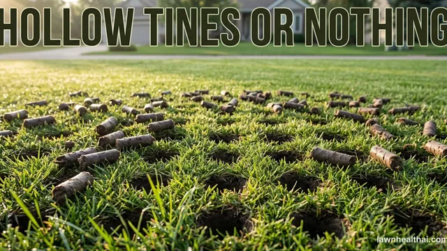 Soil plugs pulled from a lawn lying scattered on the grass surface after core aeration, with the round holes they came from visible beneath, and the words “Hollow Tines Or Nothing” set across the top of the frame