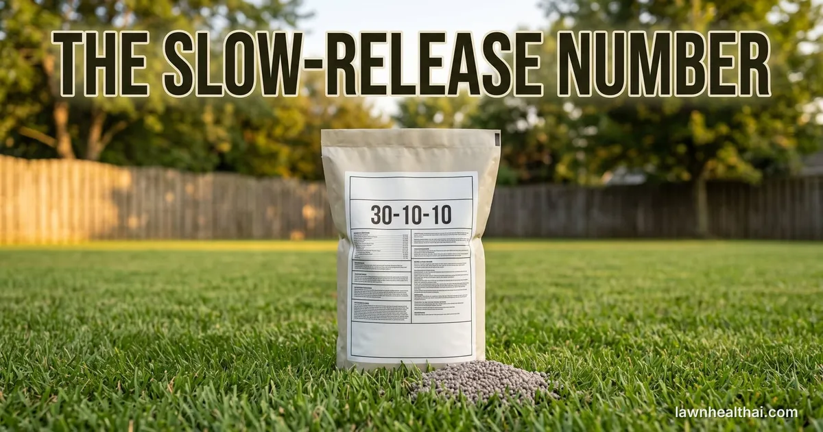 A granular lawn fertilizer bag standing on cut grass, turned to show its guaranteed-analysis panel with a nitrogen-source list, the words “The Slow-Release Number” set across the top of the frame