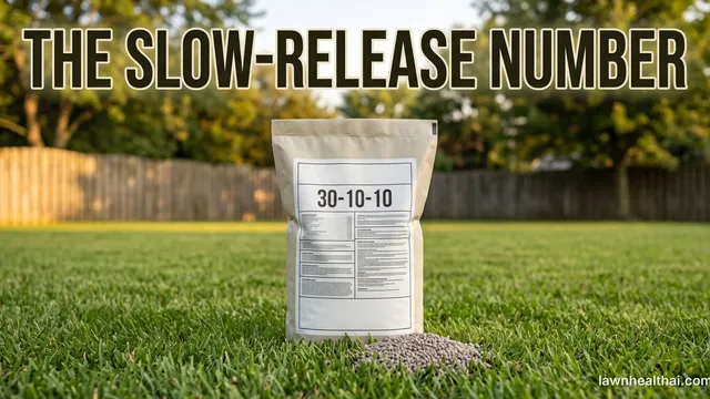 A granular lawn fertilizer bag standing on cut grass, turned to show its guaranteed-analysis panel with a nitrogen-source list, the words “The Slow-Release Number” set across the top of the frame