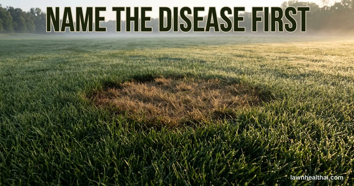 A circular brown patch of dead grass in an otherwise green tall fescue lawn photographed in early morning light with dew still on the blades, the words “Name the Disease First” set across the top of the frame
