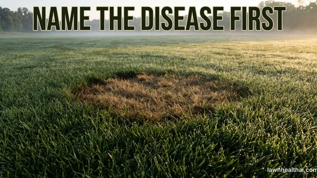 A circular brown patch of dead grass in an otherwise green tall fescue lawn photographed in early morning light with dew still on the blades, the words “Name the Disease First” set across the top of the frame