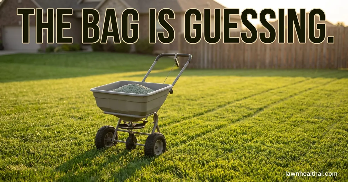 A walk-behind broadcast spreader standing on a cut lawn with its hopper open and granular fertilizer visible inside, wheel tracks running behind it, with the words “The Bag Is Guessing” set across the top of the frame