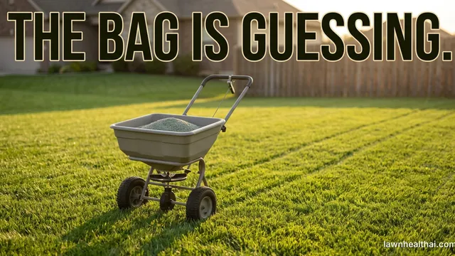 A walk-behind broadcast spreader standing on a cut lawn with its hopper open and granular fertilizer visible inside, wheel tracks running behind it, with the words “The Bag Is Guessing” set across the top of the frame