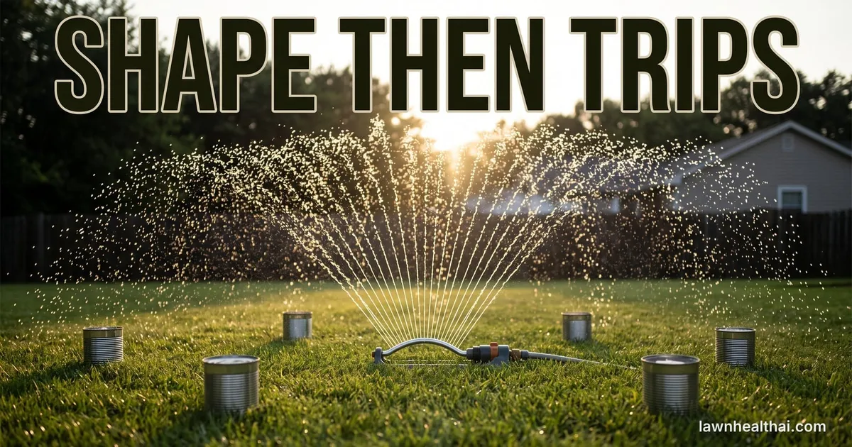 An oscillating sprinkler throwing a wide fan of water across a rectangular suburban lawn in low evening light, straight-sided cans set out on the grass inside the spray pattern, with the words “Shape Then Trips” set across the top of the frame