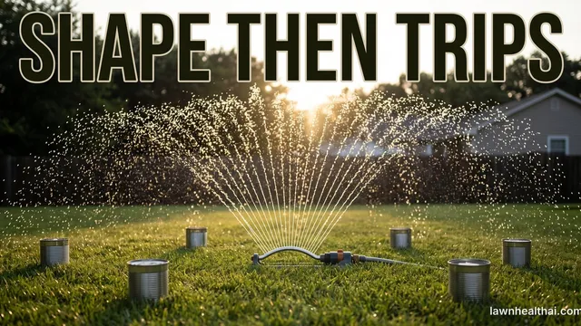 An oscillating sprinkler throwing a wide fan of water across a rectangular suburban lawn in low evening light, straight-sided cans set out on the grass inside the spray pattern, with the words “Shape Then Trips” set across the top of the frame