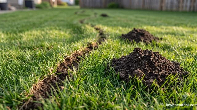 A raised serpentine ridge of pushed-up soil crossing a green lawn, with two fresh mounds of dark excavated earth beside it