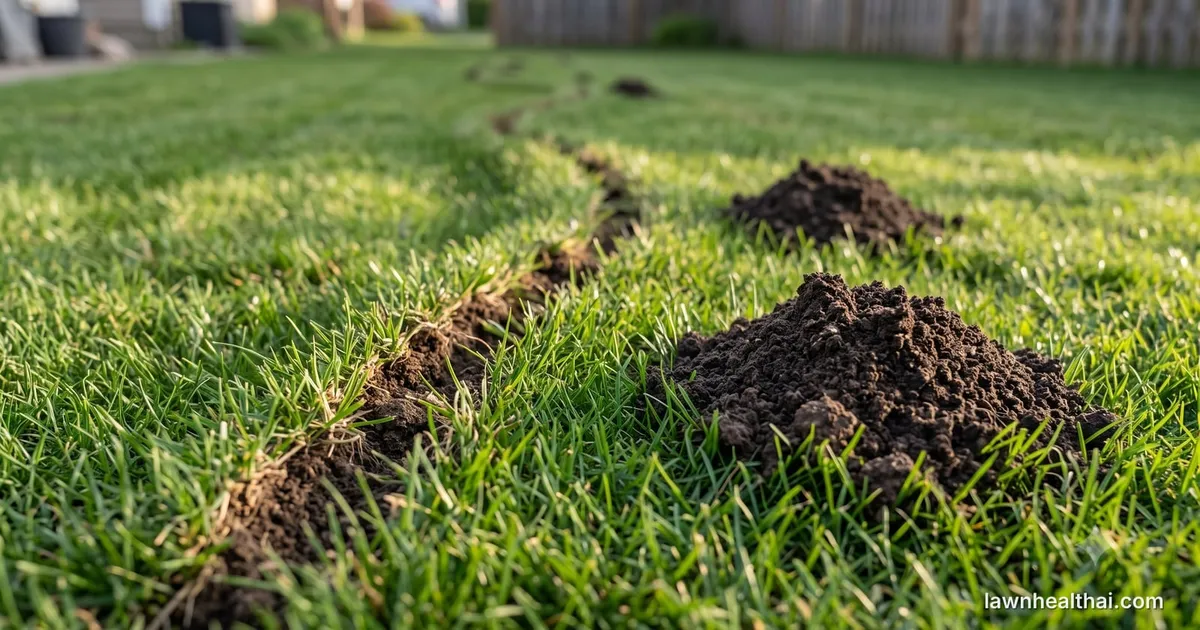 A raised serpentine ridge of pushed-up soil crossing a green lawn, with two fresh mounds of dark excavated earth beside it