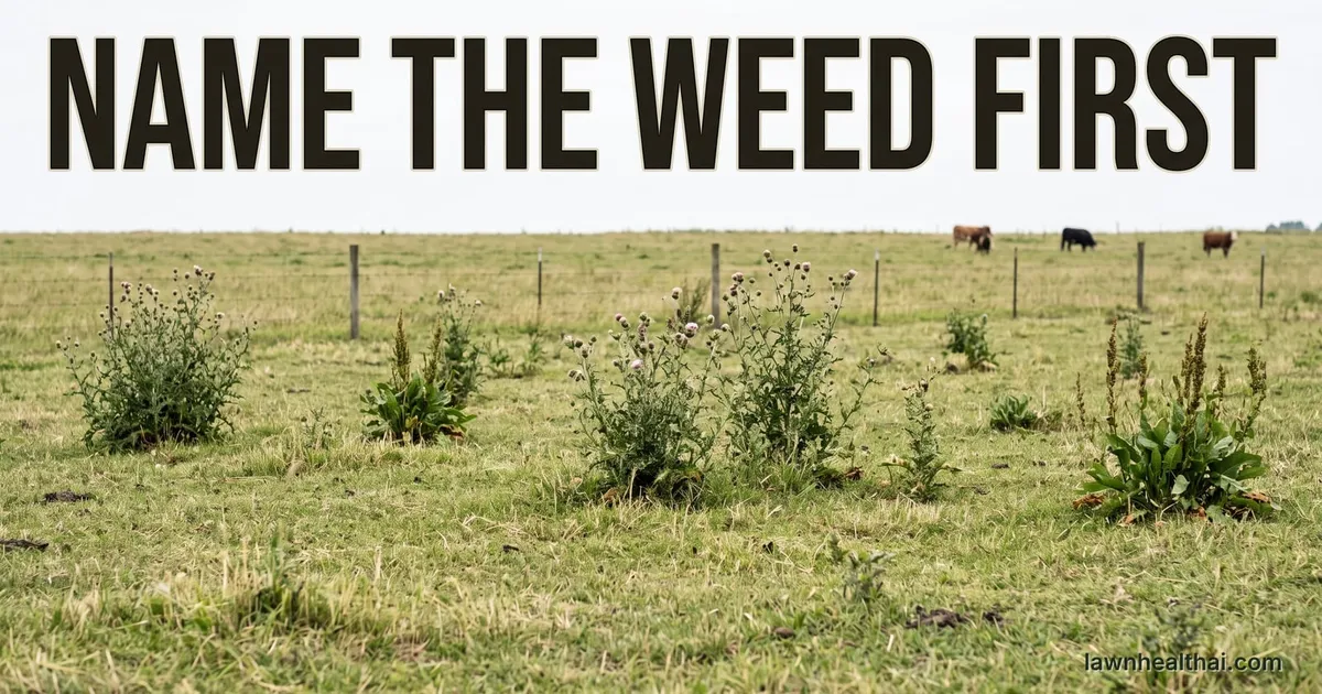 A grazed pasture with clumps of flowering thistle and broad-leaved dock standing well above the forage, a wire fence line behind them and cattle small and out of focus in the distance, with the words “Name the Weed First” set across the top of the frame