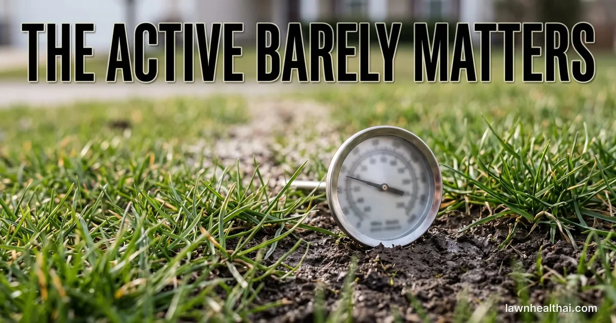 A stainless soil thermometer pushed into the edge of a lawn beside a granular pre-emergent spreader track, its dial reading in the mid fifties, with the words “The Active Barely Matters” set across the top of the frame