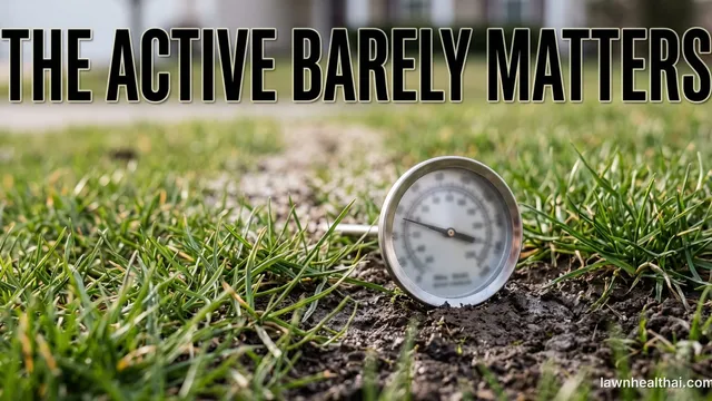 A stainless soil thermometer pushed into the edge of a lawn beside a granular pre-emergent spreader track, its dial reading in the mid fifties, with the words “The Active Barely Matters” set across the top of the frame