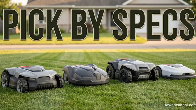 Four unbranded robotic mowers of visibly different shapes and sizes lined up side by side on a striped suburban lawn, a single-storey house out of focus behind them, with the words “Pick by Specs” set across the top