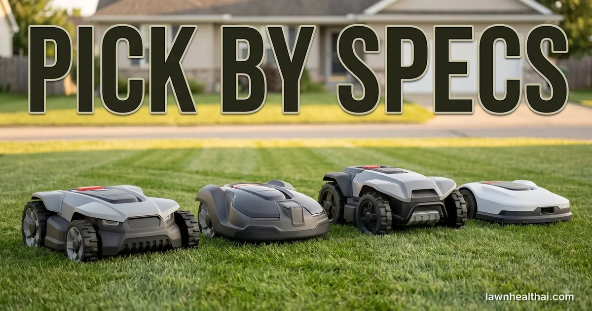 Four unbranded robotic mowers of visibly different shapes and sizes lined up side by side on a striped suburban lawn, a single-storey house out of focus behind them, with the words “Pick by Specs” set across the top