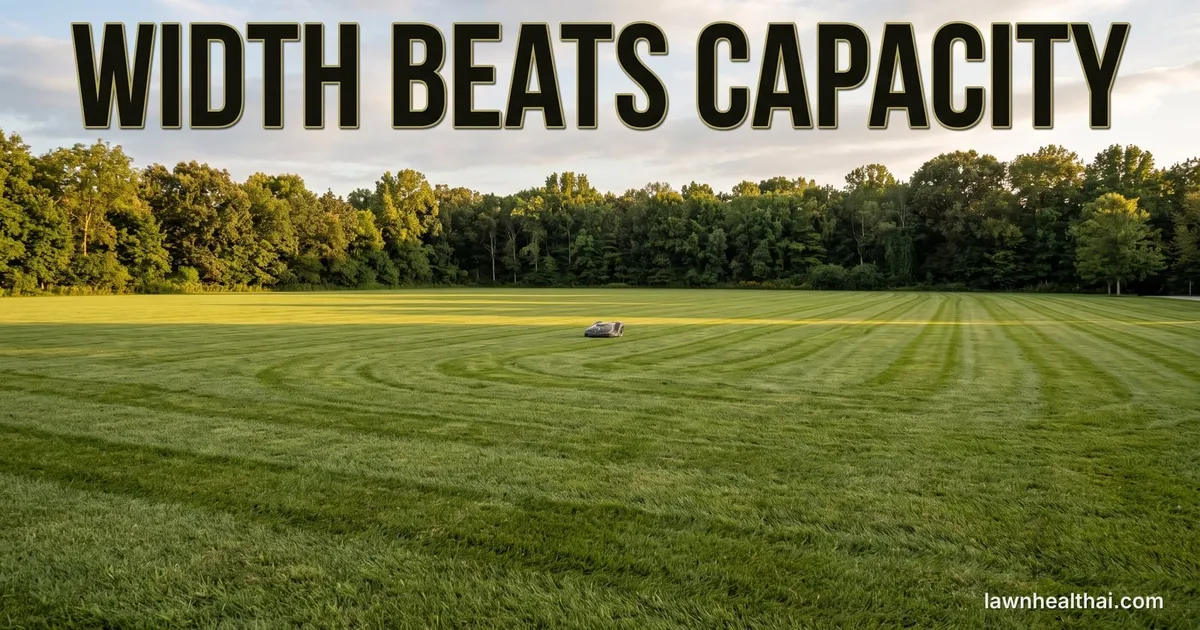 A wide open one-acre residential lawn stretching toward distant trees with a small robotic mower working in the middle distance, its size making the scale of the lawn obvious, and the words “Width Beats Capacity” set across the top of the frame