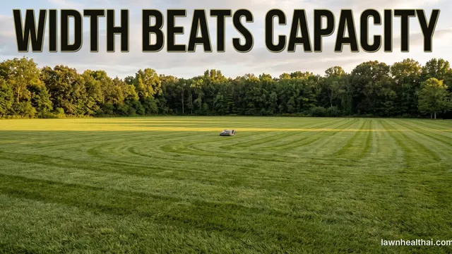 A wide open one-acre residential lawn stretching toward distant trees with a small robotic mower working in the middle distance, its size making the scale of the lawn obvious, and the words “Width Beats Capacity” set across the top of the frame