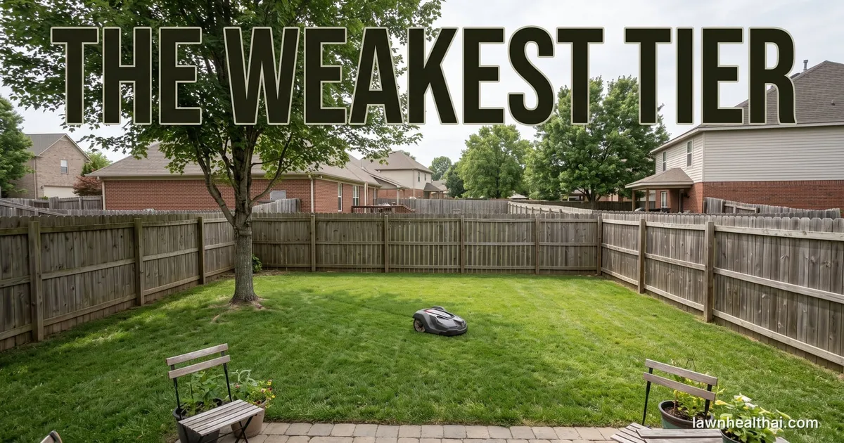 A compact suburban back garden of roughly a quarter acre with a fence line, a patio and a single tree, a small robotic mower working near the middle, and the words “The Weakest Tier” set across the top of the frame