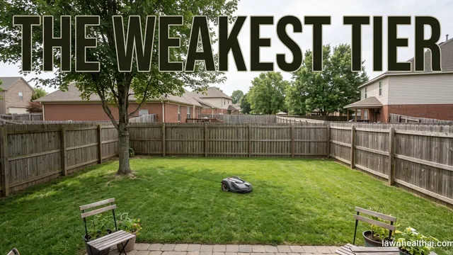 A compact suburban back garden of roughly a quarter acre with a fence line, a patio and a single tree, a small robotic mower working near the middle, and the words “The Weakest Tier” set across the top of the frame