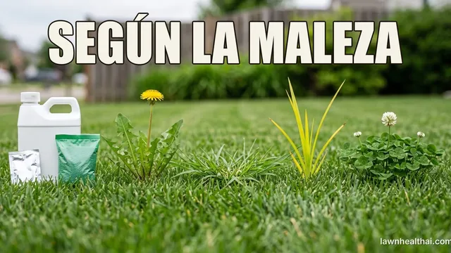 Tres envases de herbicida sin marca — un garrafón, una bolsa de granulado y un sobre metalizado — de pie sobre un césped junto a cuatro malezas distintas en fila: un diente de león en flor, una mata baja y extendida de pata de gallo, un brote erguido de coquillo verde amarillento y un parche de trébol de flor blanca, con las palabras “SEGÚN LA MALEZA” dispuestas en la parte superior del encuadre