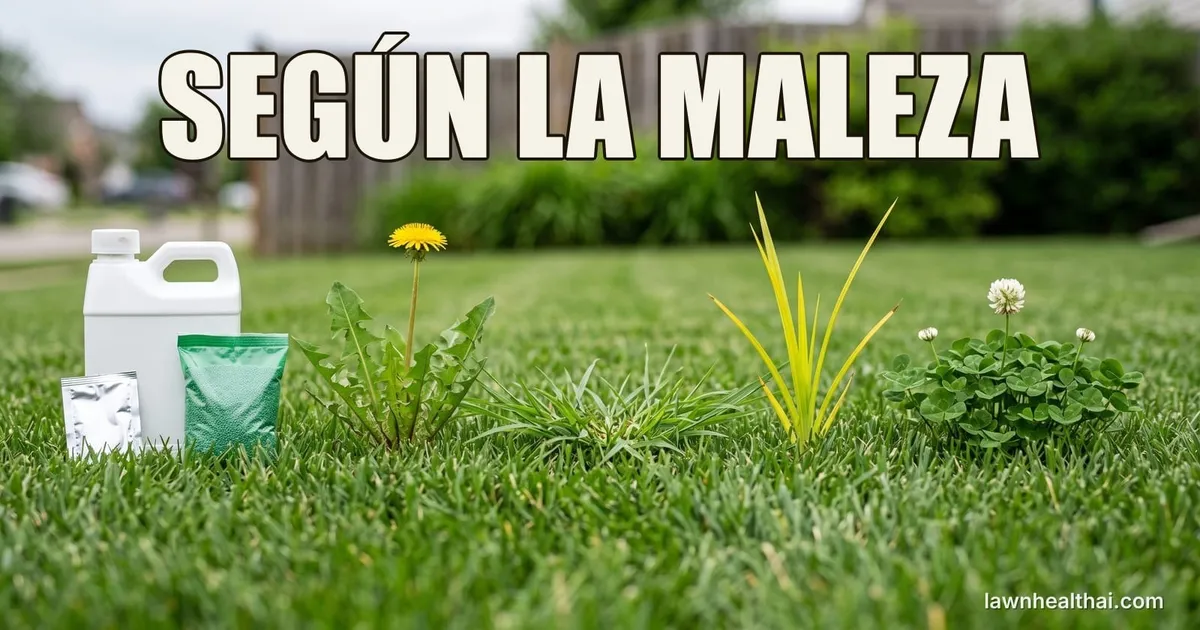 Tres envases de herbicida sin marca — un garrafón, una bolsa de granulado y un sobre metalizado — de pie sobre un césped junto a cuatro malezas distintas en fila: un diente de león en flor, una mata baja y extendida de pata de gallo, un brote erguido de coquillo verde amarillento y un parche de trébol de flor blanca, con las palabras “SEGÚN LA MALEZA” dispuestas en la parte superior del encuadre