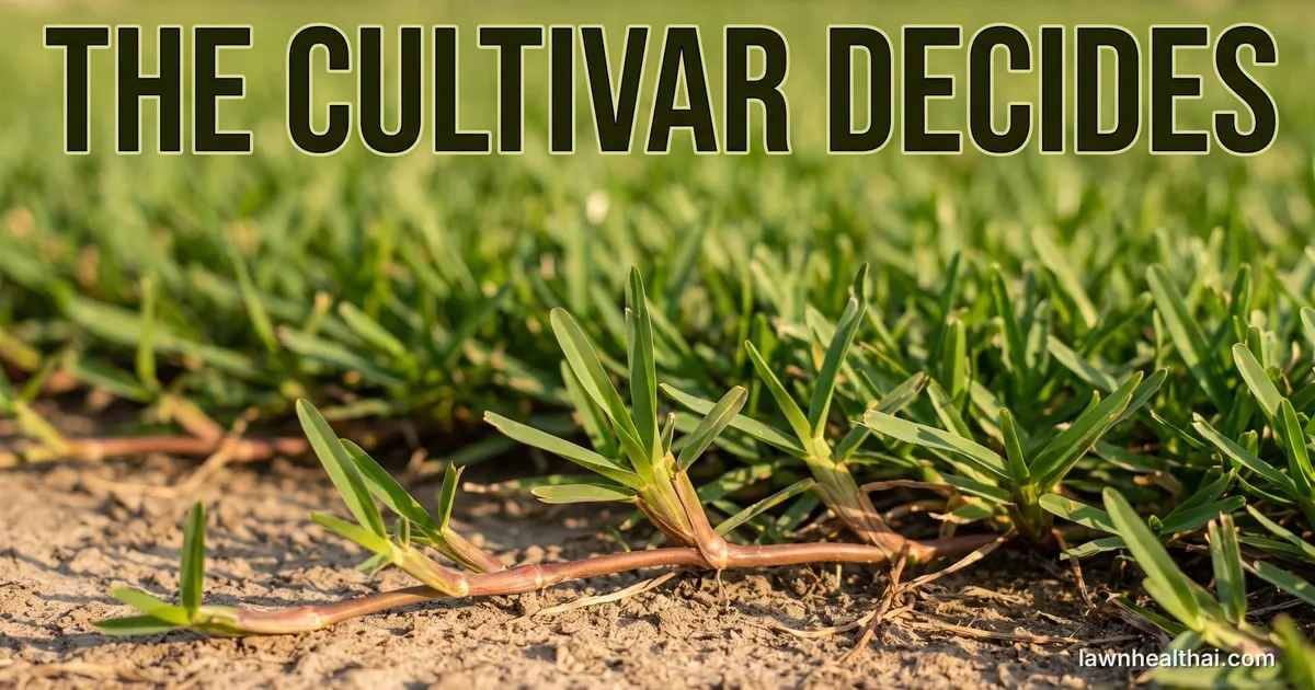 Close-up of coarse-bladed St. Augustine grass runners spreading across bare soil at the edge of a lawn, broad flat leaf blades clearly visible, with the words “The Cultivar Decides” set across the top of the frame