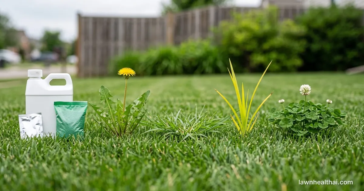 Three unbranded herbicide containers — a jug, a granular pouch and a foil packet — standing on a lawn beside four different weeds in a row: a flowering dandelion, a low sprawling crabgrass clump, an upright yellow-green nutsedge shoot and a white-flowered clover patch