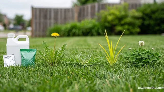 Three unbranded herbicide containers — a jug, a granular pouch and a foil packet — standing on a lawn beside four different weeds in a row: a flowering dandelion, a low sprawling crabgrass clump, an upright yellow-green nutsedge shoot and a white-flowered clover patch