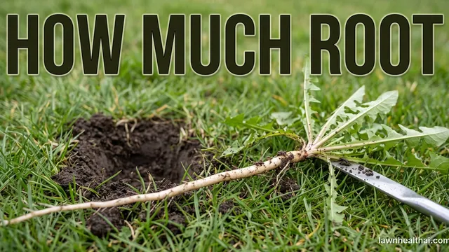 A dandelion lifted out of a lawn and laid on the grass beside the open hole it came from, its long pale taproot running most of the width of the frame, with the tip of a weeding blade entering from the right edge, and the words “How Much Root” set across the top