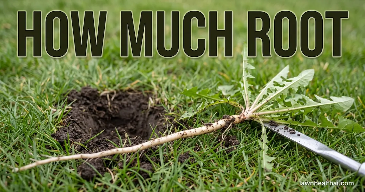 A dandelion lifted out of a lawn and laid on the grass beside the open hole it came from, its long pale taproot running most of the width of the frame, with the tip of a weeding blade entering from the right edge, and the words “How Much Root” set across the top