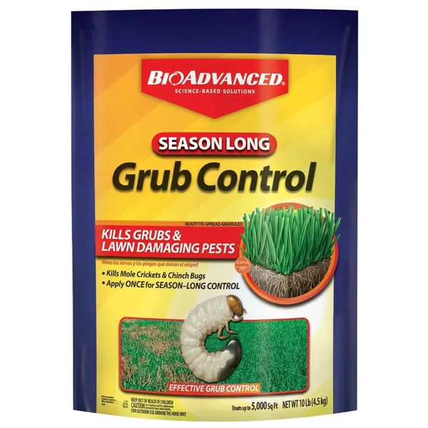 BioAdvanced Season Long Grub Control Granules — surface insecticide product photograph on a plain background