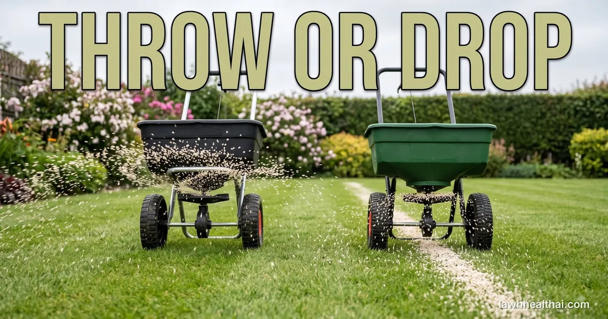 Two push spreaders side by side on a lawn: the left one flinging pale granules in a wide arc well beyond its wheels, the right one laying a narrow band of granules directly between its wheels, with the words “Throw or Drop” set across the top