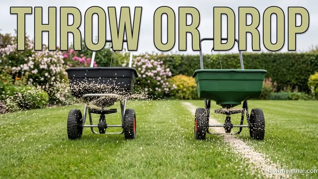 Two push spreaders side by side on a lawn: the left one flinging pale granules in a wide arc well beyond its wheels, the right one laying a narrow band of granules directly between its wheels, with the words “Throw or Drop” set across the top