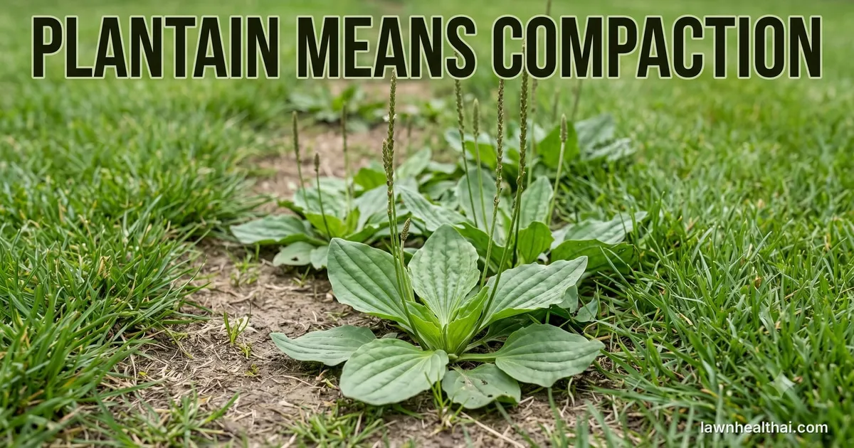 Broadleaf plantain rosettes growing in a bare, worn strip running across a lawn, their broad oval leaves showing strong lengthwise parallel veins and slender flower spikes standing upright from the centre, with thicker green grass on either side of the compacted line, and the words “Plantain Means Compaction” set across the top