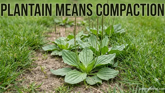 Broadleaf plantain rosettes growing in a bare, worn strip running across a lawn, their broad oval leaves showing strong lengthwise parallel veins and slender flower spikes standing upright from the centre, with thicker green grass on either side of the compacted line, and the words “Plantain Means Compaction” set across the top