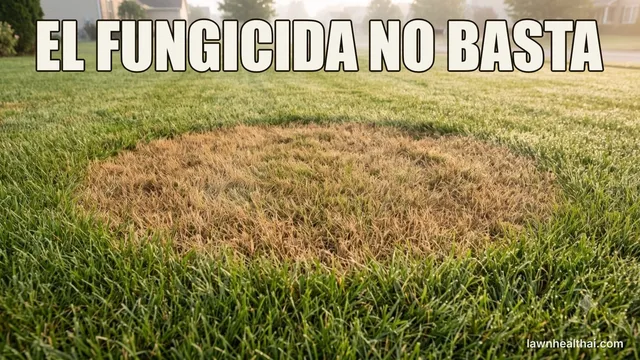 Un anillo circular de mancha marrón extendiéndose en un césped verde, con las palabras “EL FUNGICIDA NO BASTA” dispuestas en la parte superior del encuadre