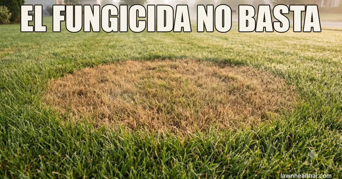 Un anillo circular de mancha marrón extendiéndose en un césped verde, con las palabras “EL FUNGICIDA NO BASTA” dispuestas en la parte superior del encuadre