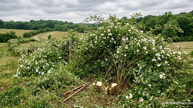 A dense thorny thicket of multiflora rose taking over a pasture fence line, with cut stumps and a lopper in the foreground