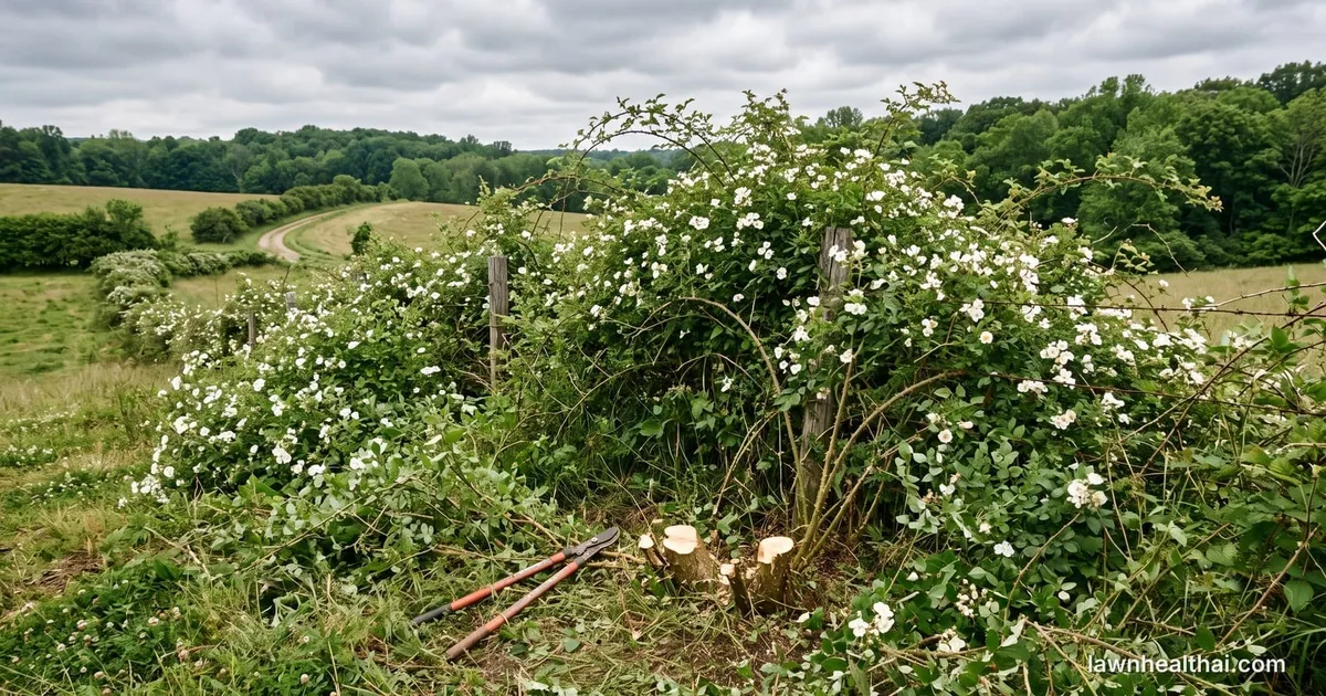A dense thorny thicket of multiflora rose taking over a pasture fence line, with cut stumps and a lopper in the foreground