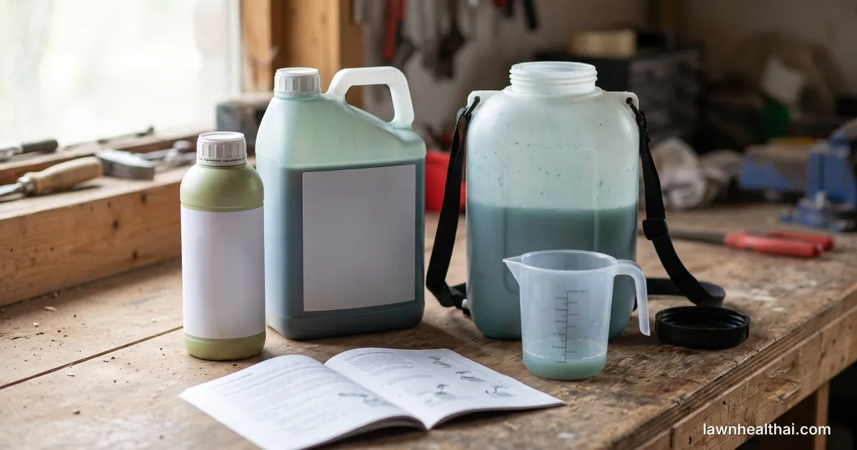 Two herbicide concentrate bottles standing beside a part-filled backpack sprayer and a measuring jug on a workbench, with a label booklet open