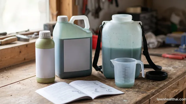Two herbicide concentrate bottles standing beside a part-filled backpack sprayer and a measuring jug on a workbench, with a label booklet open