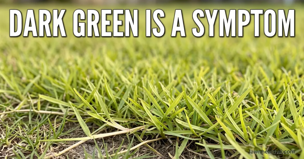 A close view at grass level of pale apple-green centipede grass with medium-textured blades and visible creeping stolons running across the soil surface, with the words “Dark Green Is A Symptom” set across the top of the frame