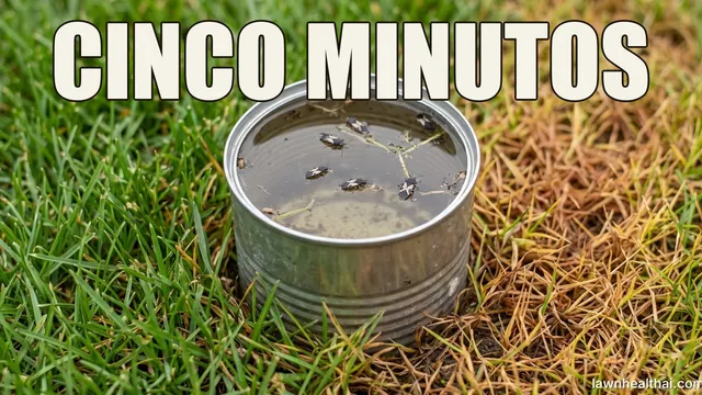 Una lata con los dos extremos cortados hundida en el césped al borde de una zona amarillenta y llena de agua, con pequeñas chinches blanquinegras flotando en la superficie, con las palabras “CINCO MINUTOS” dispuestas en la parte superior del encuadre