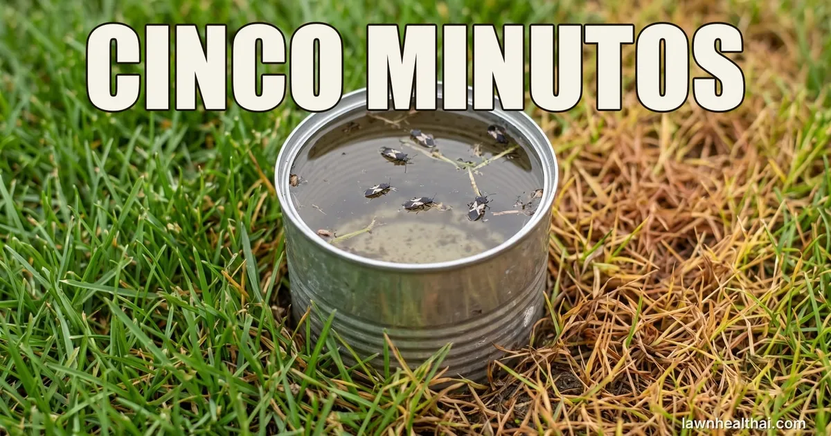 Una lata con los dos extremos cortados hundida en el césped al borde de una zona amarillenta y llena de agua, con pequeñas chinches blanquinegras flotando en la superficie, con las palabras “CINCO MINUTOS” dispuestas en la parte superior del encuadre