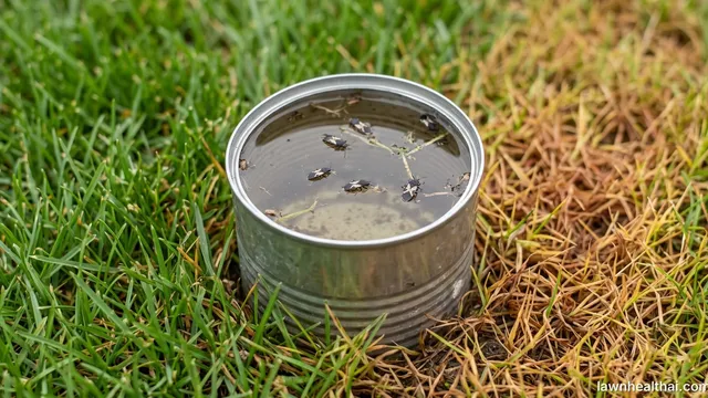 A metal can with both ends removed pushed into a lawn at the edge of a yellowed patch and filled with water, with small black-and-white chinch bugs floating on the surface