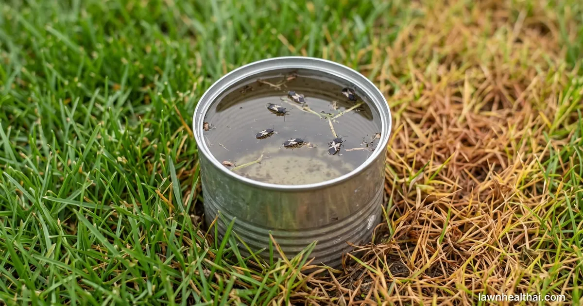 A metal can with both ends removed pushed into a lawn at the edge of a yellowed patch and filled with water, with small black-and-white chinch bugs floating on the surface