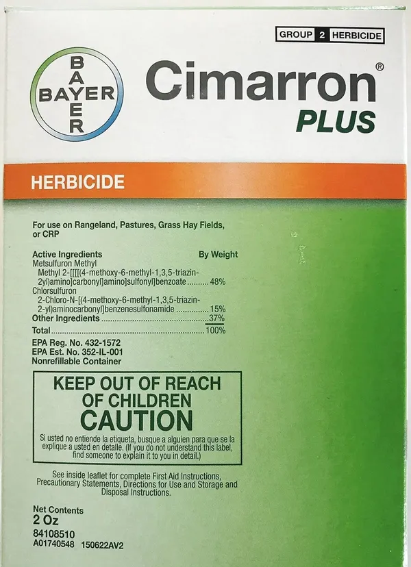 Bayer Cimarron Plus Pasture & Rangeland Herbicide, 2 oz — selective herbicide for pasture and rangeland, manufacturer photograph taken outdoors on a lawn