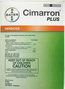 Bayer Cimarron Plus Pasture & Rangeland Herbicide, 2 oz — selective herbicide for pasture and rangeland, manufacturer photograph taken outdoors on a lawn