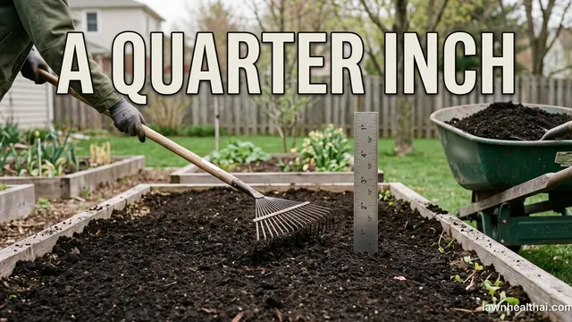 A gardener raking a thin layer of dark finished compost across a prepared backyard vegetable bed, with a steel ruler standing upright in the bed for scale and a wheelbarrow of the same compost at the edge of frame, and the words “A QUARTER INCH” set across the top of the frame