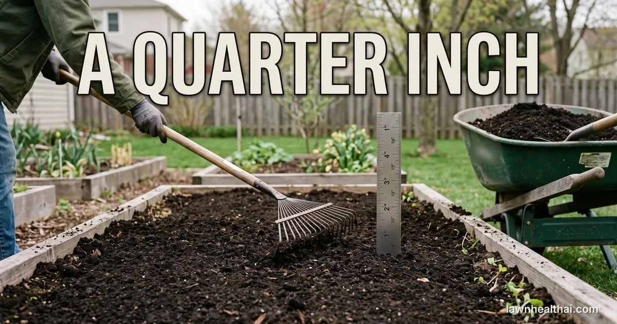 A gardener raking a thin layer of dark finished compost across a prepared backyard vegetable bed, with a steel ruler standing upright in the bed for scale and a wheelbarrow of the same compost at the edge of frame, and the words “A QUARTER INCH” set across the top of the frame