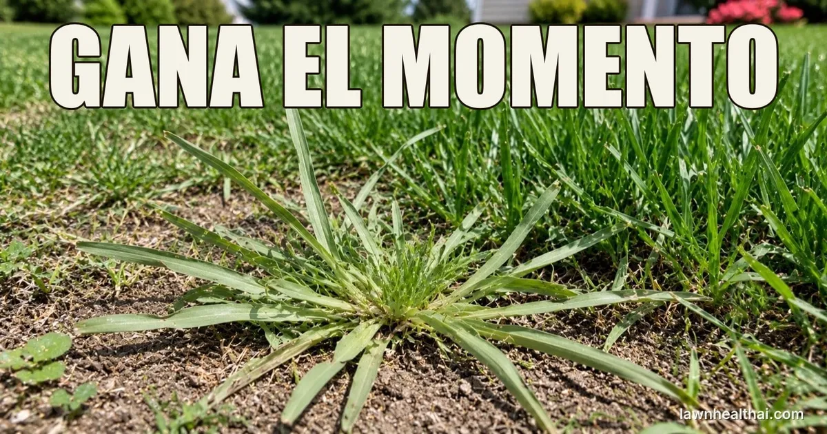 Una mata de pata de gallo abriéndose en abanico a ras de suelo desnudo en un césped por lo demás erguido, con espigas en forma de dedos, con las palabras “GANA EL MOMENTO” dispuestas en la parte superior del encuadre