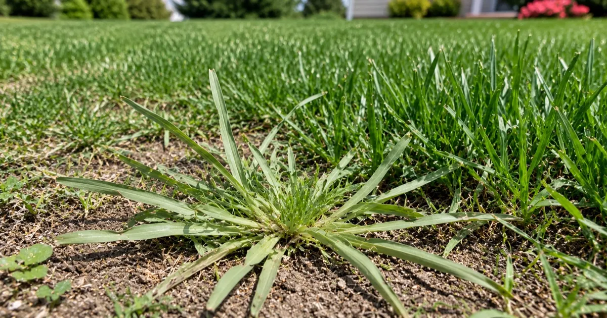 A crabgrass clump fanning outward low against bare soil in an otherwise upright lawn, with finger-like seedheads
